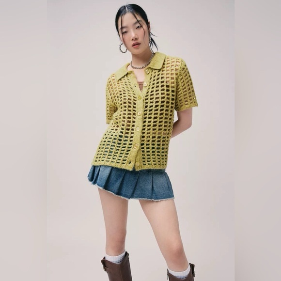 BDG Tops - BDG For Urban Outfitters Open-Knit Short Sleeve Button Cardigan in Chartreuse